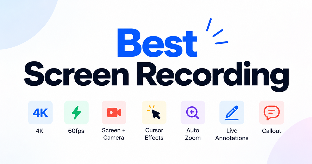 Best screen recording checklist graphic: 4K, 60fps, screen + camera, cursor effects, auto zoom, live annotations, and callout.
